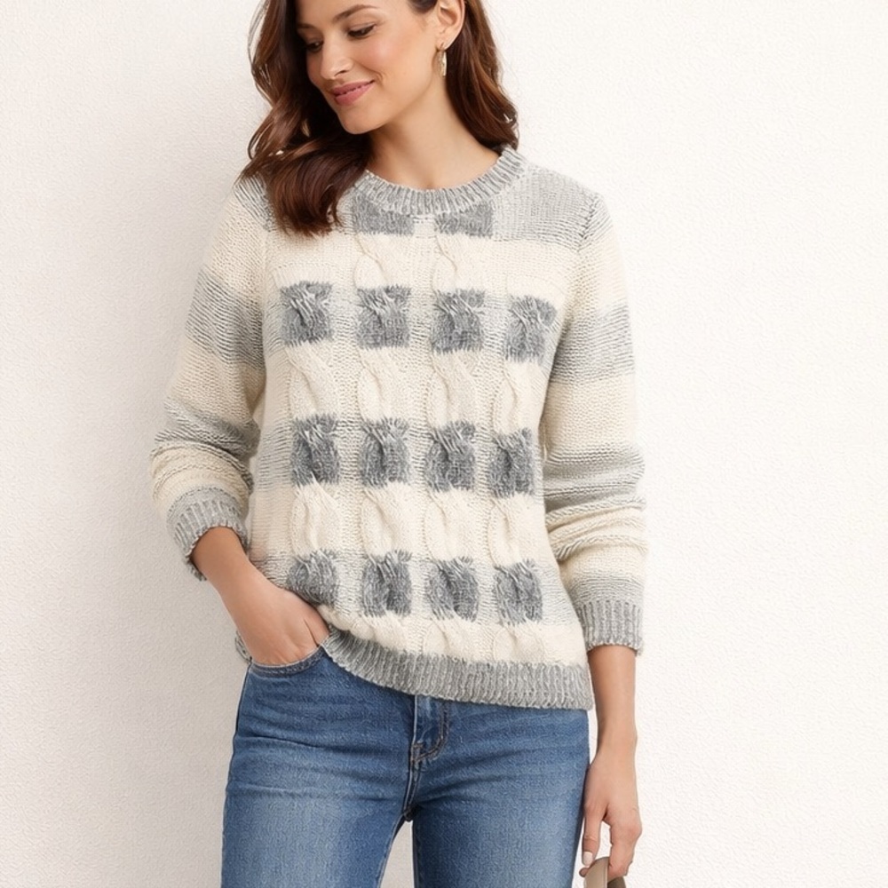 J. Crew Dark Gray and Cream Cable Knit Sweater 100% Cotton Sz XS
